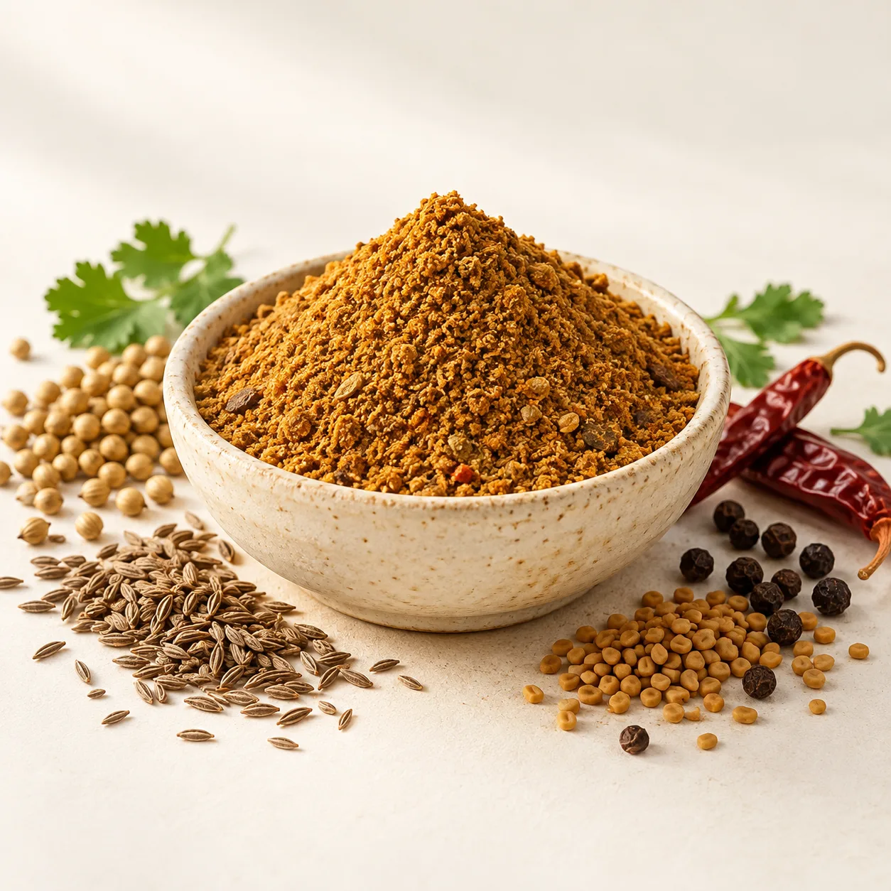 Dhansak masala in an ivory ceramic bowl with whole spices