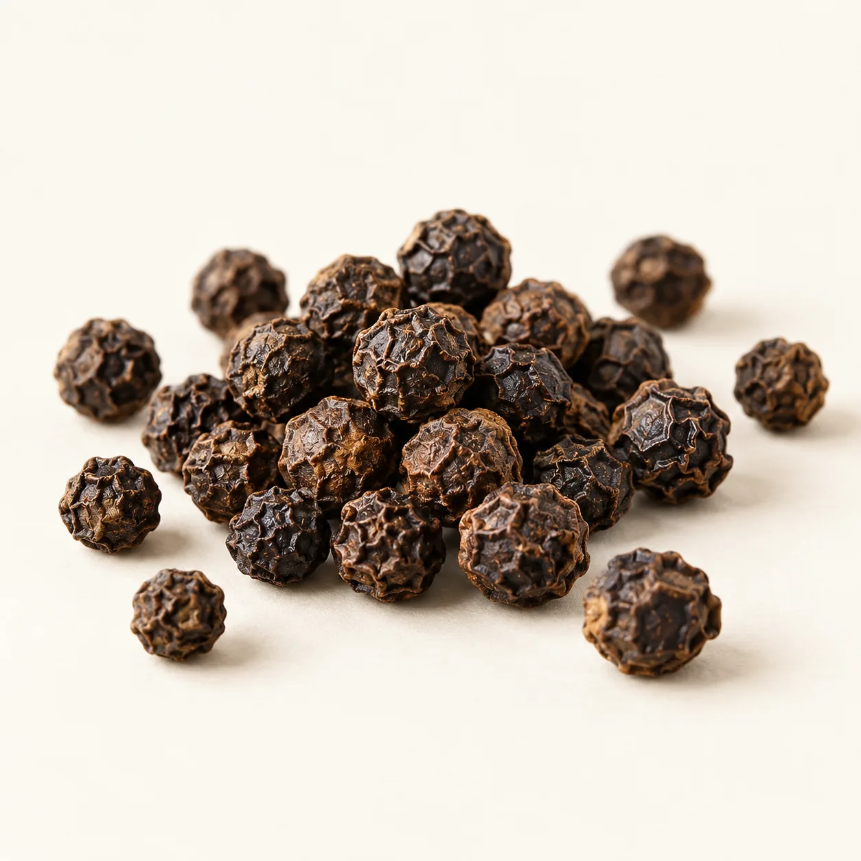 Black peppercorns arranged in a premium editorial still life